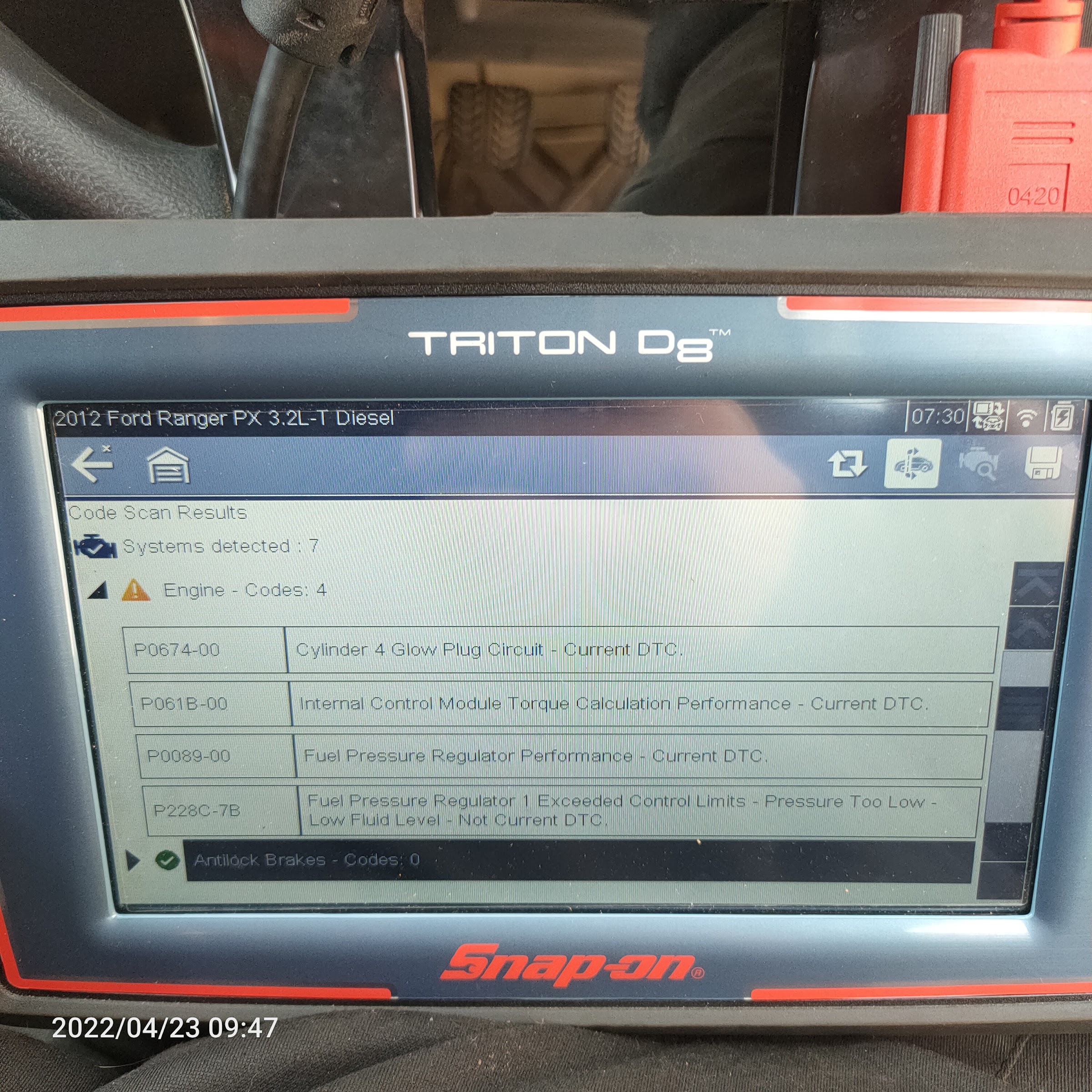 A Snap-on Triton D8 scan tool showing a full code scan on a 2012 Ford Ranger