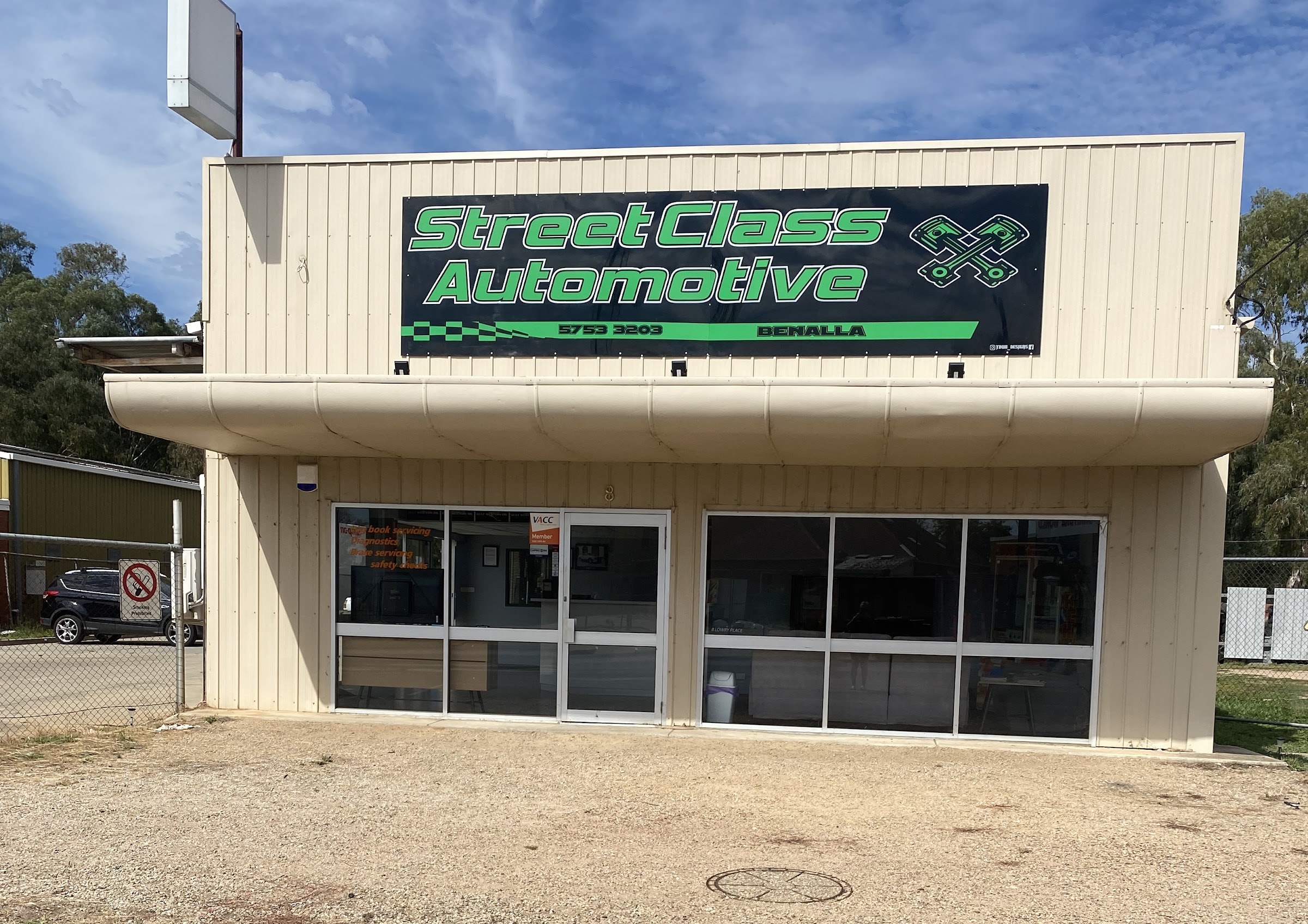 The Street Class Automotive shopfront in Benalla with its green signwritten board